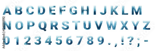 A full set of icy blue alphabet letters, numbers, and punctuation, rendered with frost and icicles on a transparent background, perfect for winter designs.