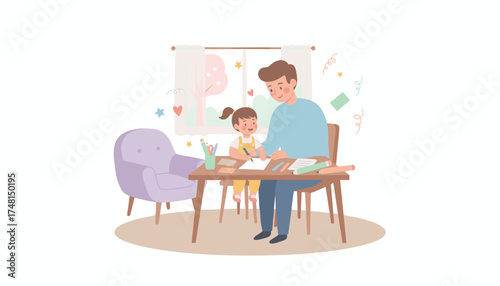Caring father teaching his happy daughter to draw at a table Family education childhood learning