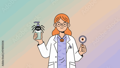 Female scientist with Halloween flair holding spider sanitizer and eye magnifying glass Festive science concept