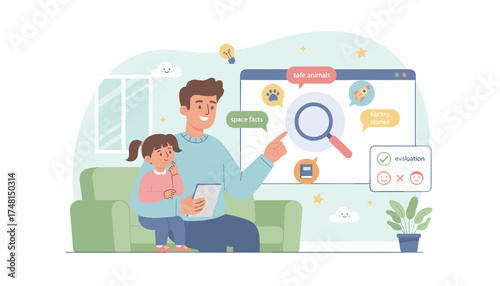 Joyful parent and child learning online exploring educational content on a tablet for discovery