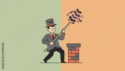 Cheerful chimney sweep releasing bats from chimney Spooky Halloween concept or lucky charm