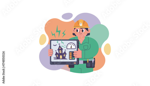 Engineer in hard hat measures haunted house spook energy on a digital tablet Halloween fun
