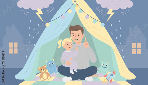 Father and daughter safe in an indoor tent during a thunderstorm happy family time
