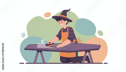 Person in witch hat and apron cleaning a magical cauldron on a table Halloween preparation