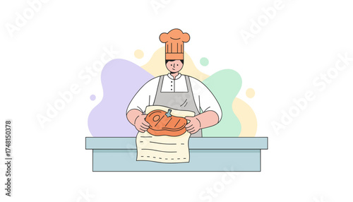 Chef preparing a delicious steak with a recipe Professional cooking and food service