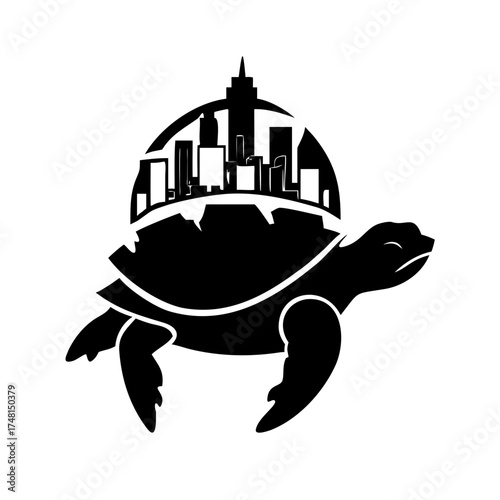 Turtle carrying city skyline representing urban life