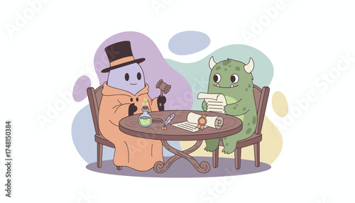 Cute cartoon characters negotiating a magical contract Business fantasy agreement