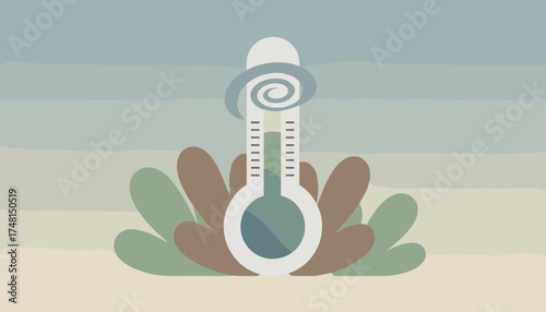 Minimalist thermometer surrounded by nature symbolizing cool climate sustainability or environment
