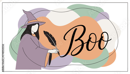 Witch writing Boo with a quill playful Halloween illustration perfect for seasonal designs