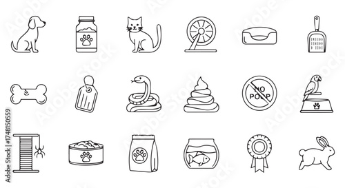 Collection of pet care and animal icons, including dogs, cats, and fish isolated on transparent background