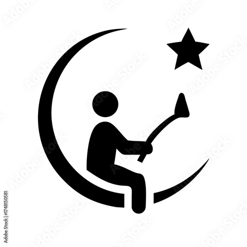 Silhouette of a person fishing for stars while sitting on a crescent moon