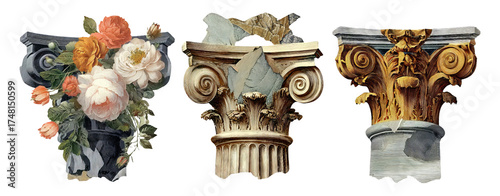 Vintage Floral Collage of Decorative Columns with Retro Elements and Style