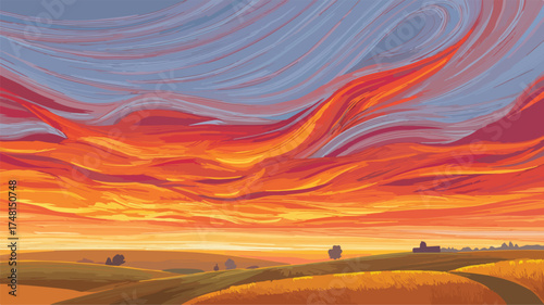 Stunning Sunset Sky and Rolling Fields Landscape Vector Illustration