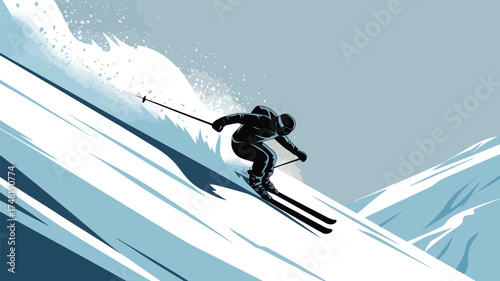 Skiing Silhouette Vector Illustration. Skier on Snowy Mountain