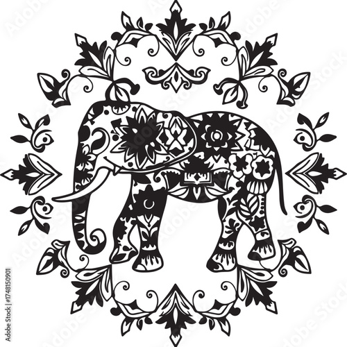 An intricate black and white illustration of an elephant adorned with floral patterns, isolated on white background