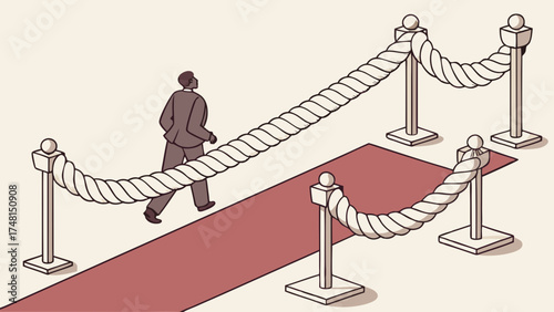 A Person Walking on a Red Carpet with Rope Stanchions Illustration.