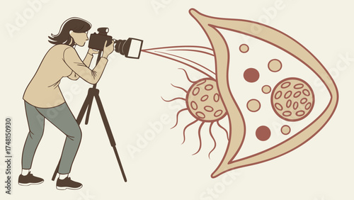 A photographer captures a microscopic image with a professional camera on a tripod.