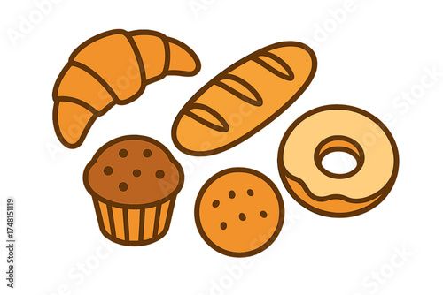 Assortment of fresh baked goods including croissant baguette muffin cookie and donut on white background