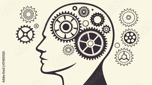 Abstract head profile with gears inside representing intellect mechanism or engineering concept.