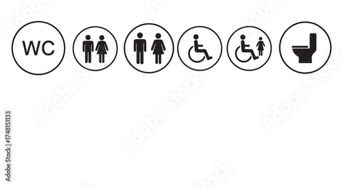 Collection of restroom icons including wc, male, female, disabled, and toilet symbols isolated on transparent background