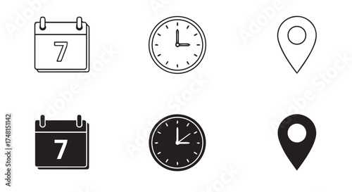 Simple icons for calendar, clock, and location pin, presented in both outline and solid black styles isolated on transparent background