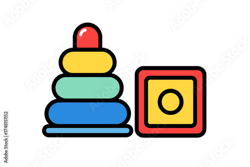 Brightly colored baby toys including a stacking pyramid and a square shape block