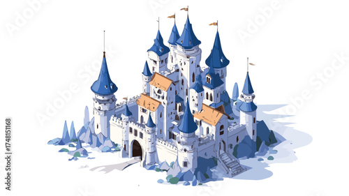 Enchanting Fairytale Castle Isometric Illustration in Fantasy Medieval Architecture