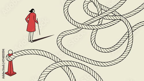 Abstract illustration of a person facing tangled ropes decision-making concept.