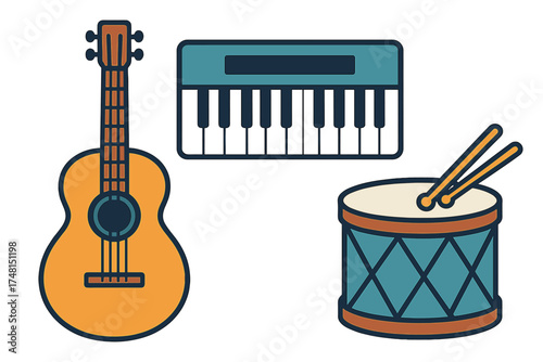 Acoustic guitar, electronic keyboard, and snare drum musical instruments