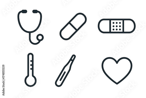 Stethoscope capsule bandage thermometer and heart outline symbols for medical care