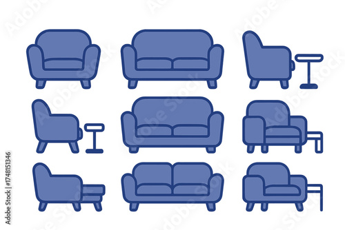 Collection of blue upholstered living room furniture elements in various views and arrangements