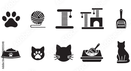 Assortment of catrelated icons including paw print, yarn ball, scratching post, food bowl, and cat silhouette isolated on transparent background