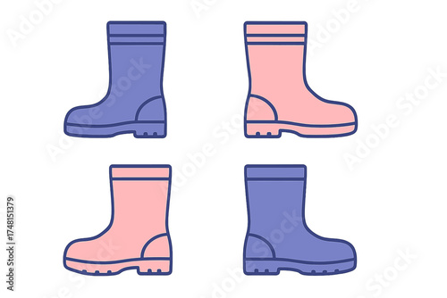 Set of four brightly colored rubber boots for walking in the rain or gardening
