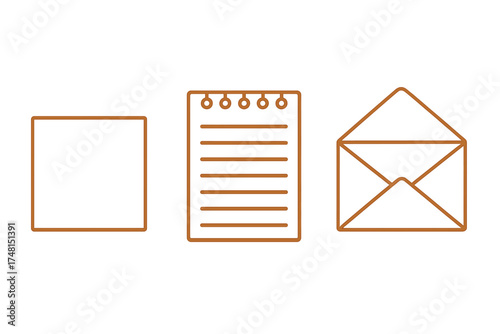 Minimalist outline symbols for blank document, lined notepad, and open envelope representing office communication