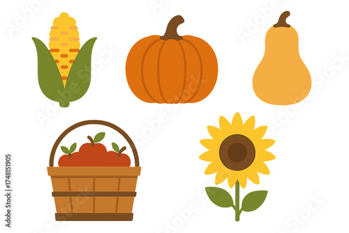 Vibrant autumn harvest symbols: pumpkin, corn, apples, gourd, and sunflower