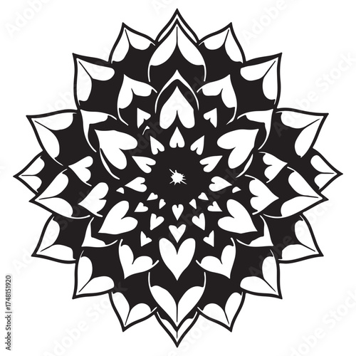 A captivating mandala design isolated on white background, showcasing intricate floral patterns and symmetrical balance in monochrome