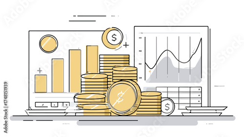 Professional Front View Financial Elements with Coins Arrangement Vector