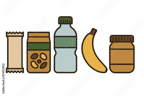 Healthy snacks collection featuring granola bar, nuts, water bottle, banana, and peanut butter