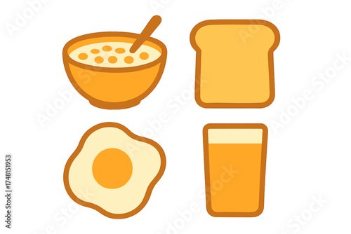 Simple breakfast food set featuring cereal bowl, toast slice, fried egg, and orange juice glass