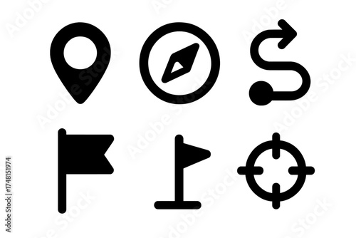 Set of six solid black icons for mapping, direction, and destination symbols in user interface design