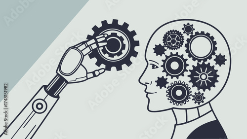 Artificial Intelligence Robotic Arm and Gears Technology Concept Illustration.