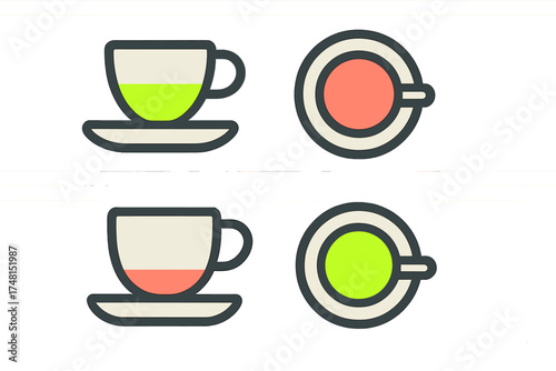 Minimalist coffee cups and saucers with hot beverages viewed from various angles