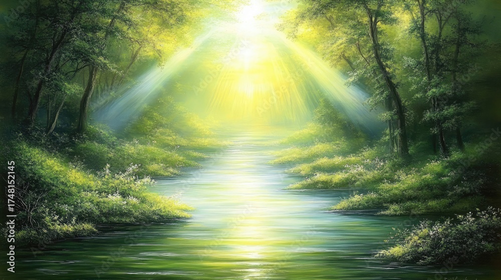 Obraz premium Radiant Golden Sunbeams Pierce Lush Forest Canopy, Illuminating a Serene River Path