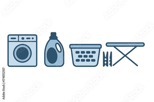 Washing machine, detergent, laundry basket, and ironing board set