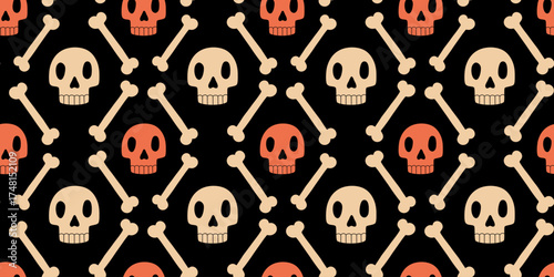 Skull and bones seamless pattern vector illustration. Halloween repeated tile ornament. Holiday design for textile, fabric, packaging, background.