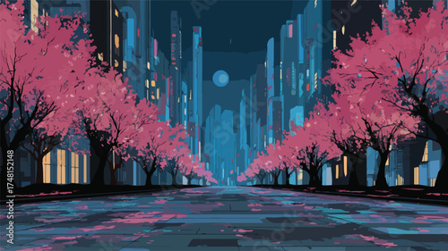 Futuristic Night Cityscape with Cherry Blossoms Vector Illustration