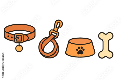 Essential pet supplies set with collar, leash, feeding bowl, and chew toy bone