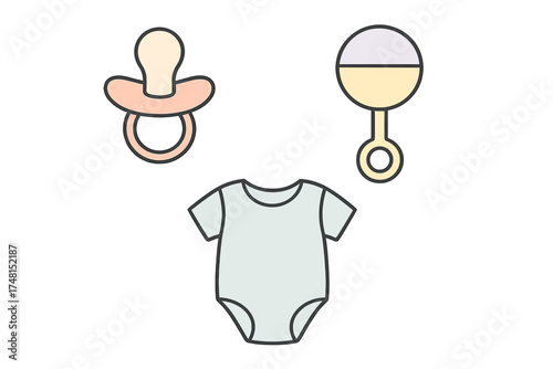 Set of essential newborn items including pacifier, classic rattle toy, and infant bodysuit