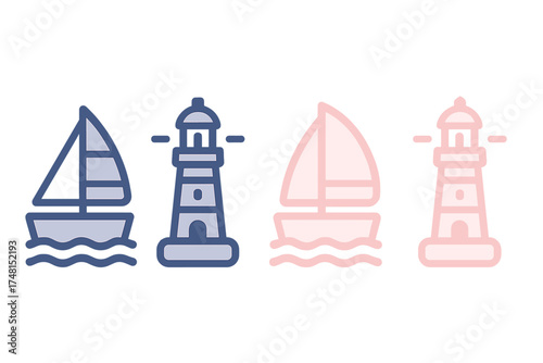 Nautical icons set featuring sailboat and lighthouse in two color schemes
