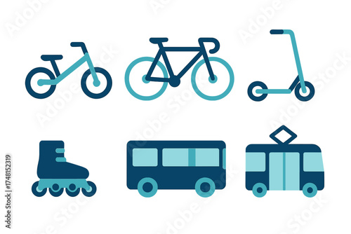 Flat design icons set of urban and personal transportation modes including bike, scooter, bus, tram, and roller skate